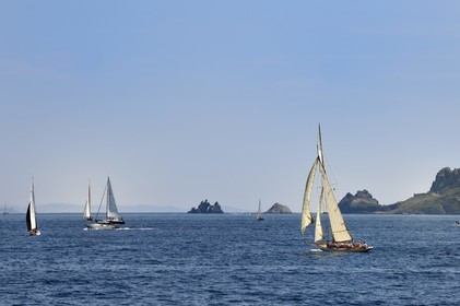 France, Var (83), Iles d'Hyères, parc national de Port Cros, Ile de Porquerolles, voilier traditionel en régate et le Cap des Mèdes en arrière-plan