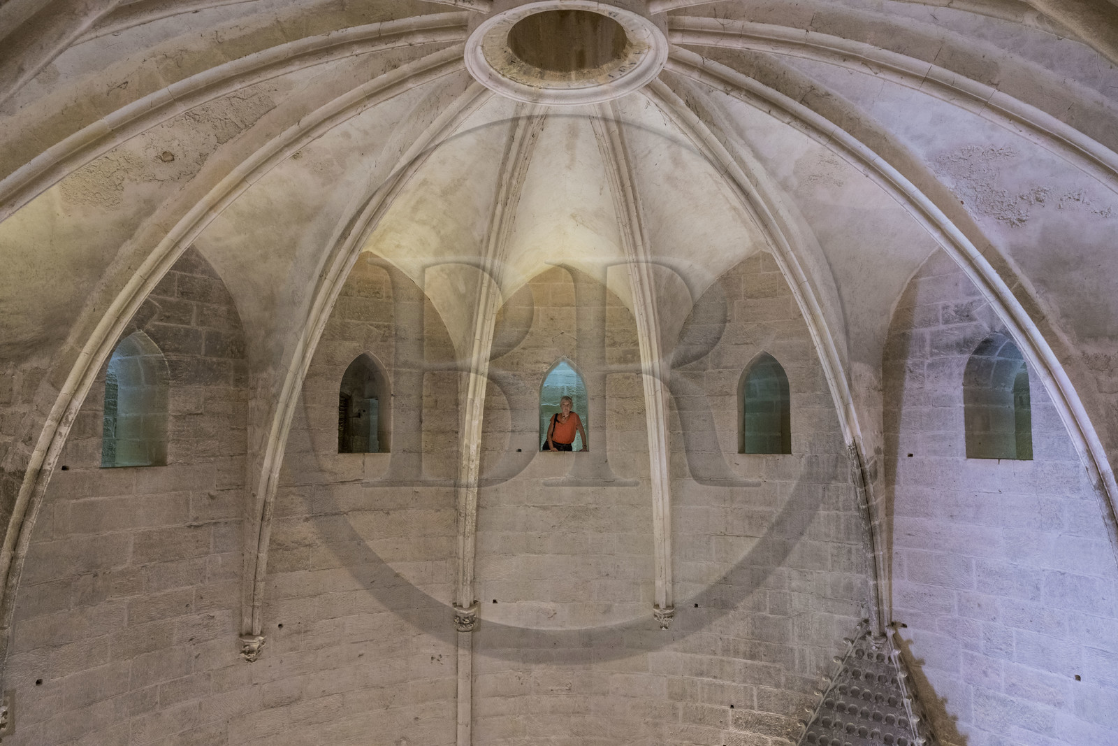 France, Gard (30), Aigues-Mortes, la Tour de Constance, fenêtres de l'étroit chemin de ronde construit dans l'épaisseur du mur pour surveiller la salle des gardes
