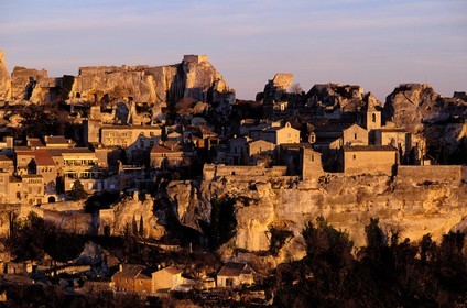 France, Bouches du Rhone, Les Baux de Provence village, labelled Les Plus Beaux Villages de France (The Most Beautiful Villages of France), Eyguieres door and the church