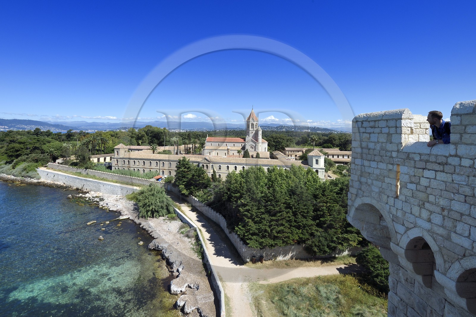 France, Alpes-Maritimes, Lerins Islands, Saint-Honorat island, Abbey of Lerins, former fortified monastery raised in 1073 and the abbey church in the background
