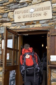 France, Pyrenees Atlantiques, Basque Country, Camino de Santiago (the Way of St. James) between Saint Jean Pied de Port and Roncesvalles, Pilgrims at the refuge Orisson
