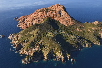 France, Corse du Sud, Golfe de Porto, listed as World Heritage by UNESCO, the Capo Rosso and the Genovese Tower of Turghiu (Turghio) in the background (aerial view)