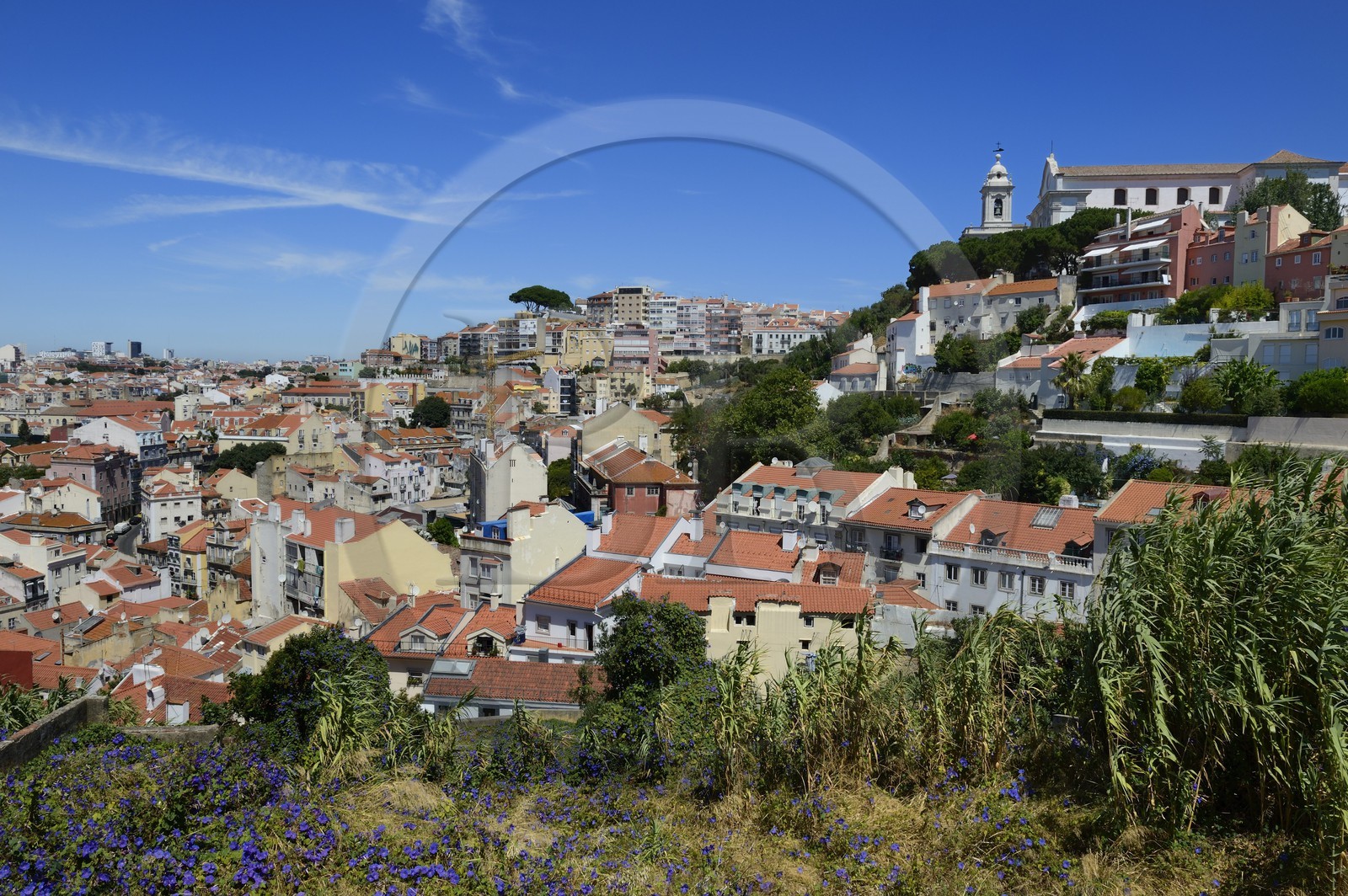 Portugal, Lisbonne, quartier de l'Alfama, panorama sur la ville depuis le Castelo Sao Jorge (chateau Saint Georges), le Miradouro de Graça en arrière plan à droite