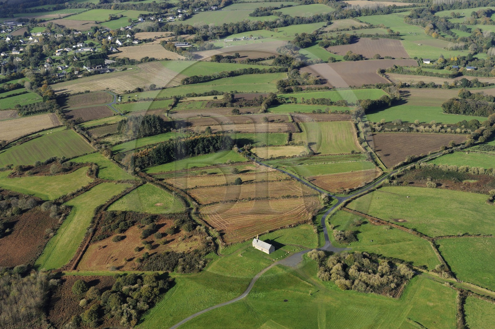 France, Cotes-d'Armor, Saint Herve chapel at the top of Menez Bre (aerial view)
