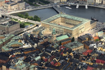 Sweden, Stockholm, Gamla Stan island (old town) and the royal Palace (aerial view)