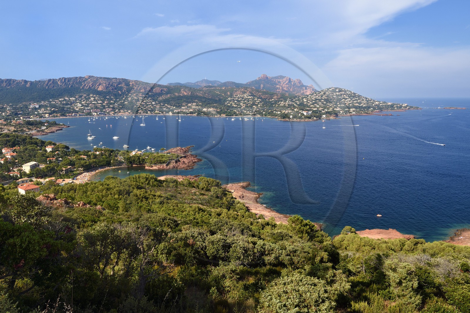 France, Var, Agay area next to Saint-Raphael, Massif de l'Esterel (Esterel Massif), the harbor of Agay, the rastel d'Agay and the peak of Cap Roux in the background