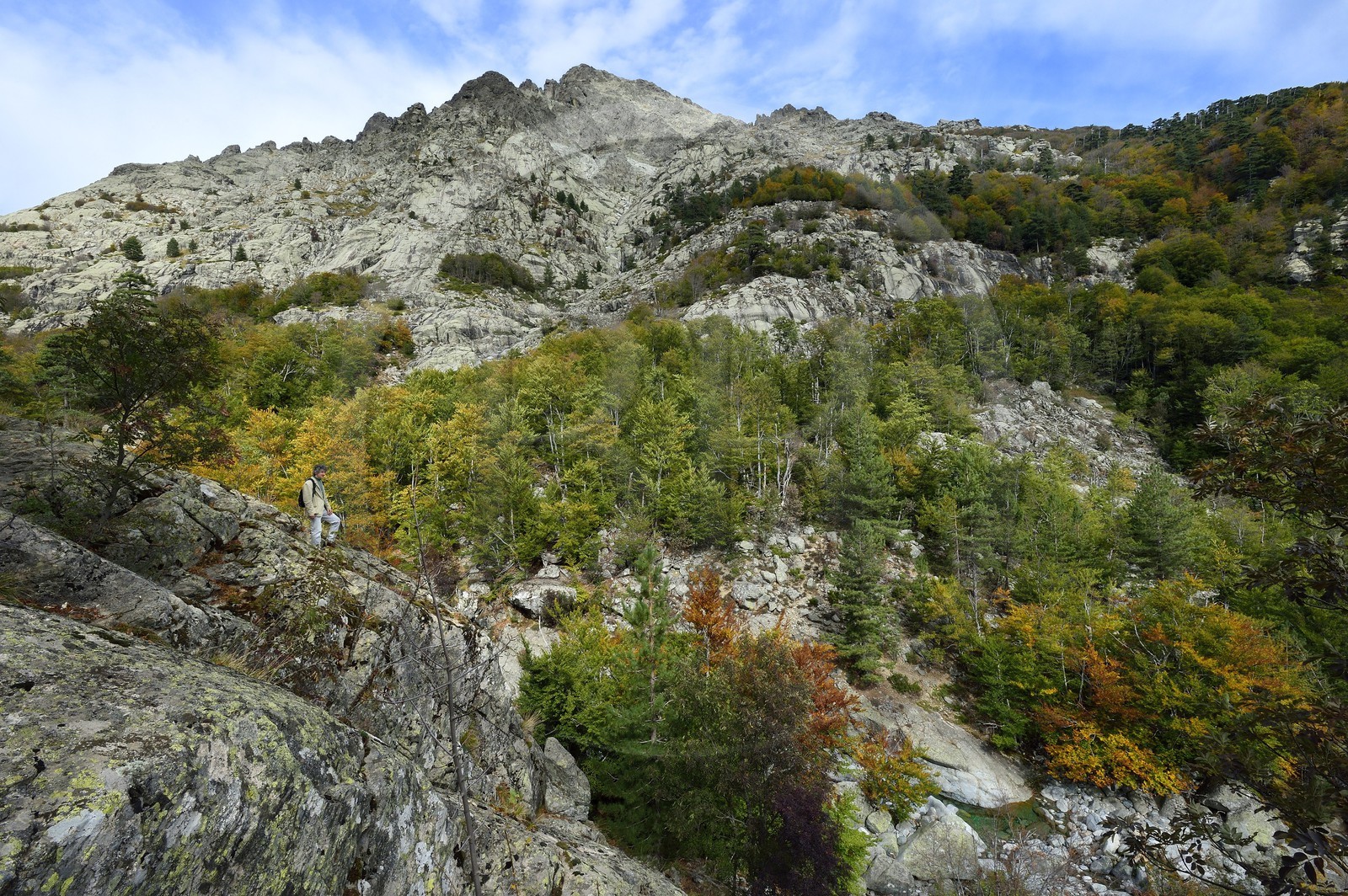 France, Haute-Corse (2B), Vivario, GR 20, étape entre le refuge de l'Onda et Vizzavona, foret de Vizzavona, les cascades des anglais, groupe de cascades dans la vallée de l'Agnone au pied du Monte d'Oro