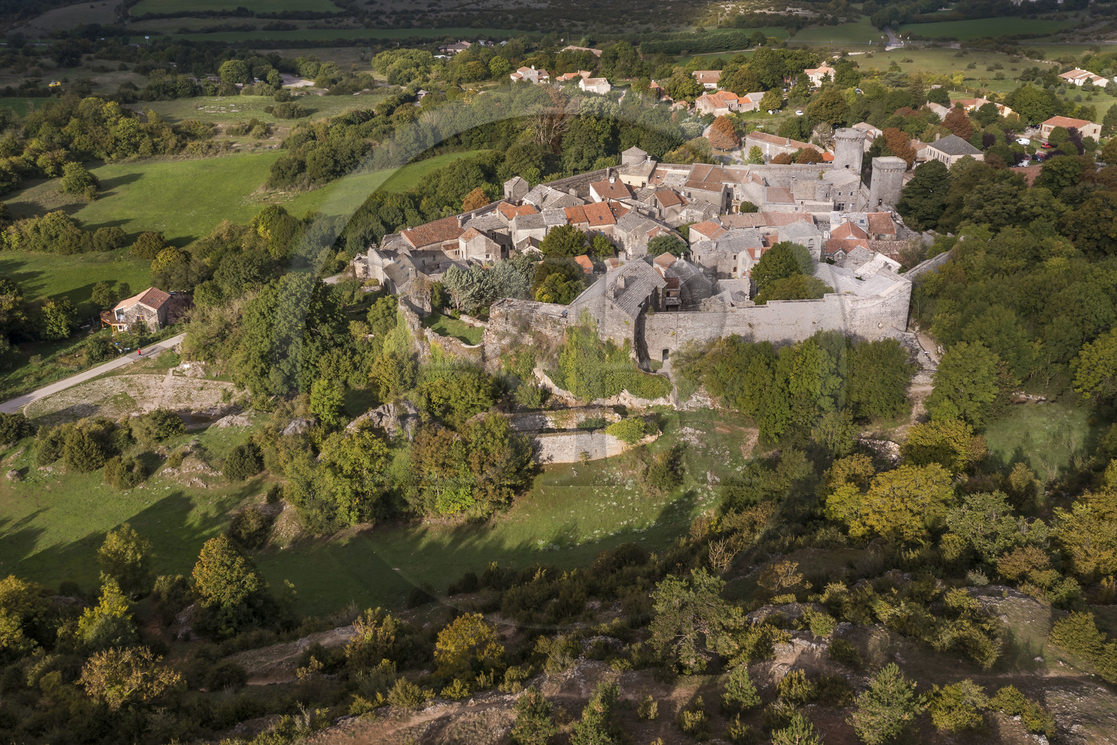 France, Aveyron, Causses and the Cévennes, cultural landscape of Mediterranean agro-pastoralism, listed as World Heritage by UNESCO, La Couvertoirade, labelled Les Plus Beaux Villages de France (The Most Beautiful Villages of France), fortified village on the Larzac plateau (aerial view)
