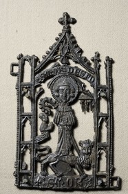 France, Paris, Musee du Moyen-Age (Middle Ages Museum), the former Hotel de Cluny, sign pilgrimage