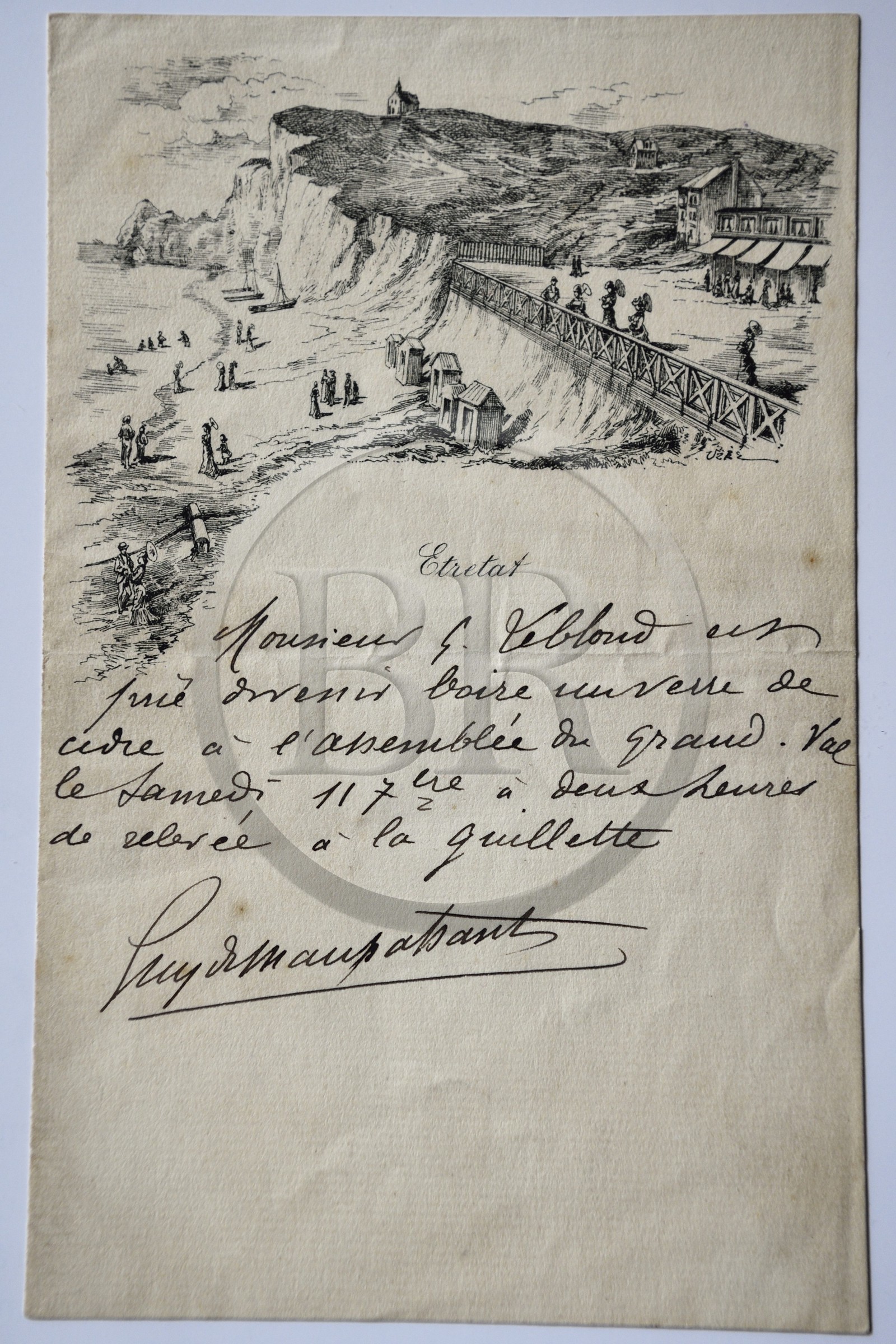 France, Seine-Maritime (76), Pays de Caux, Côte d'Albâtre, Etretat, la maison de Guy de Maupassant appelée La Guillette, invitation à une fête à La Guillette vers 1886 écrite et signée par l'écrivain