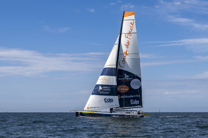 France, Vendee, Les Sables d'Olonne, skipper Manuel Cousin training on his 60-foot monohull sailboat IMOCA Coup de Pouce