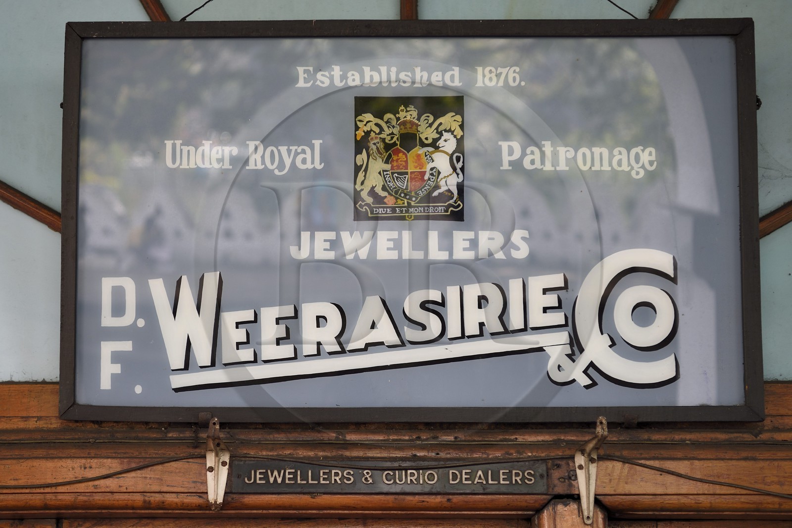 Sri Lanka, center province, Kandy, sign of a jewelry store in the Queen's hotel buildings dating from the colonial era