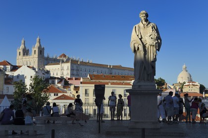 Portugal, Lisbon, Alfama district, Sao Vicente statue on the terrace of Largo das Portas do Sol, Sao Vicente de Fora Monastery and cupola of the National Pantheon