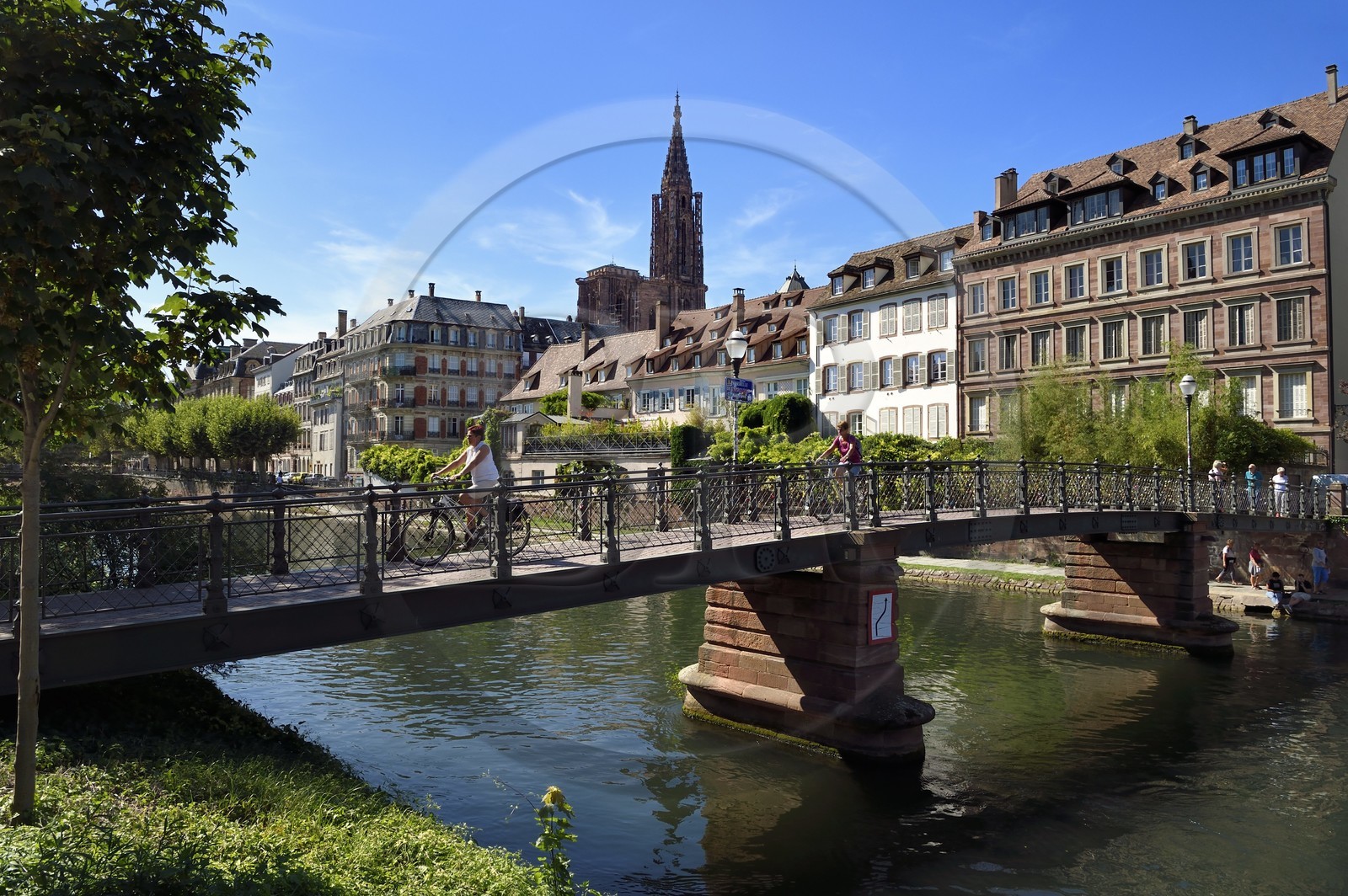 France, Bas Rhin, Strasbourg, old town listed as World Heritage by UNESCO, the banks of the Ill river facing the Quai des Bateliers, the Cathedral and the Passerelle de l'Abreuvoir bridge