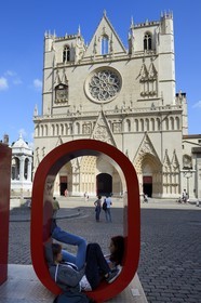 France, Rhone, Lyon, historical site listed as World Heritage by UNESCO, Vieux Lyon (Old Town), in Place St Jean under the Notre Dame de Fourviere Basilica, the O from OnlyLyon that is the aglomeration Communication label