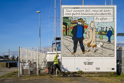 France, Loire-Atlantique, Saint-Nazaire, dock of the Penhoët shipyard, one of the six frescoes on enamelled metal panels reproducing vignettes from the comic strip album on the very places where the adventures of Tintin take place