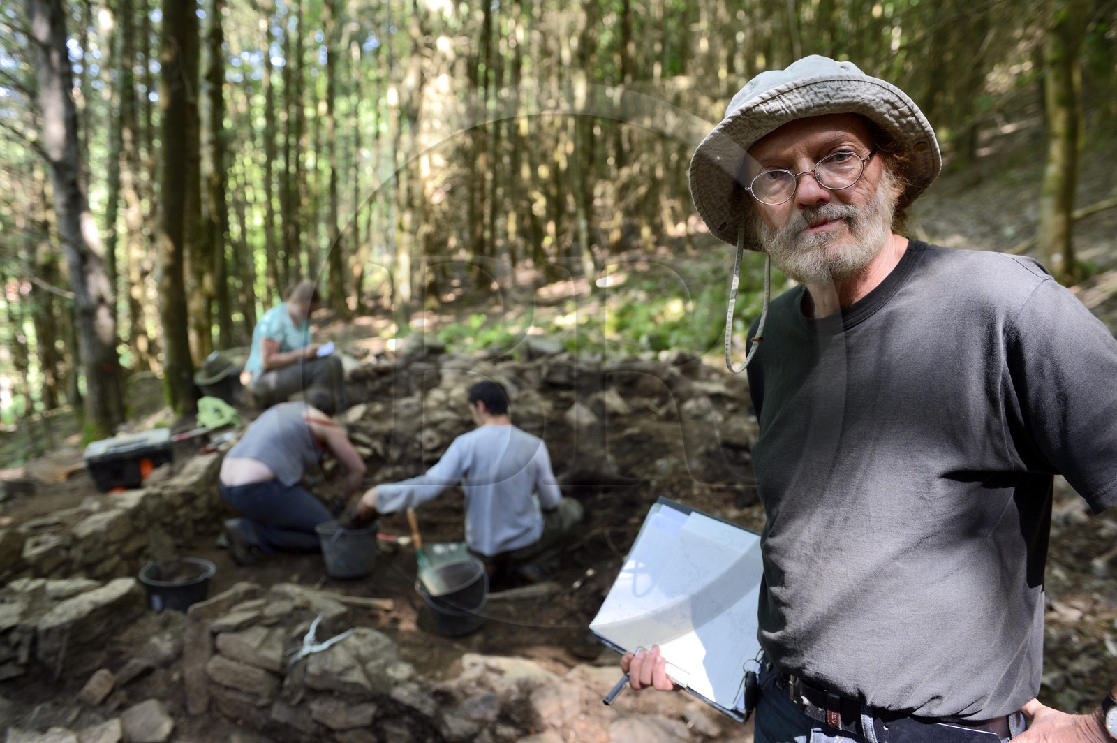France, Haut Rhin, Sainte-Marie-aux-Mines, archaeological field of a forge and housing on the edge of a silver mine in Berg Armo, portrait of the industrial archaeologist Pierre Fluck
