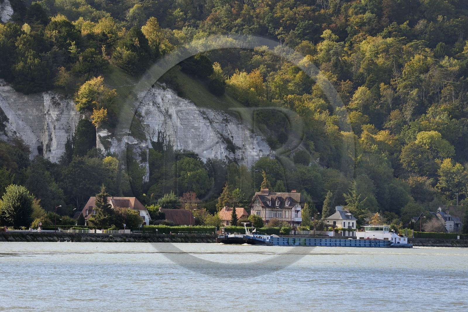 France, Seine-Maritime, Norman Seine River Meanders Regional Nature Park, La Bouille, a barge goes up the river towards Rouen