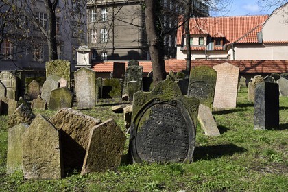 République Tchèque, Prague, centre historique classé Patrimoine Mondial de l'UNESCO, quartier juif de Josefov, cimetière juif et la synagogue Pinkas en arrière plan