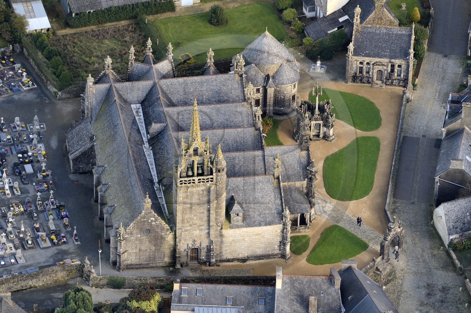 France, Finistere, Guimiliau, the church and the calvary in the Parish close (enclos paroissial) (aerial view)