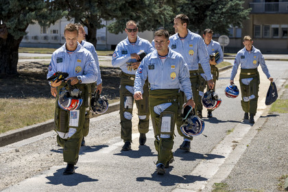 France, Bouches du Rhone, Salon de Provence, air base 701, base of the Patrouille de France (PAF for Patrouille acrobatique de France) of the French Air and Space Force, departure of the pilots equipped with anti-G outfit after the briefing to join the Alphajet planes on the tarmac and carry out the training flight