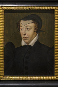 France, Seine-et-Marne (77), Fontainebleau, chateau de Fontainebleau, classé Patrimoine Mondial par l'UNESCO, portrait de Catherine de Medicis d'après François Clouet, huile sur bois