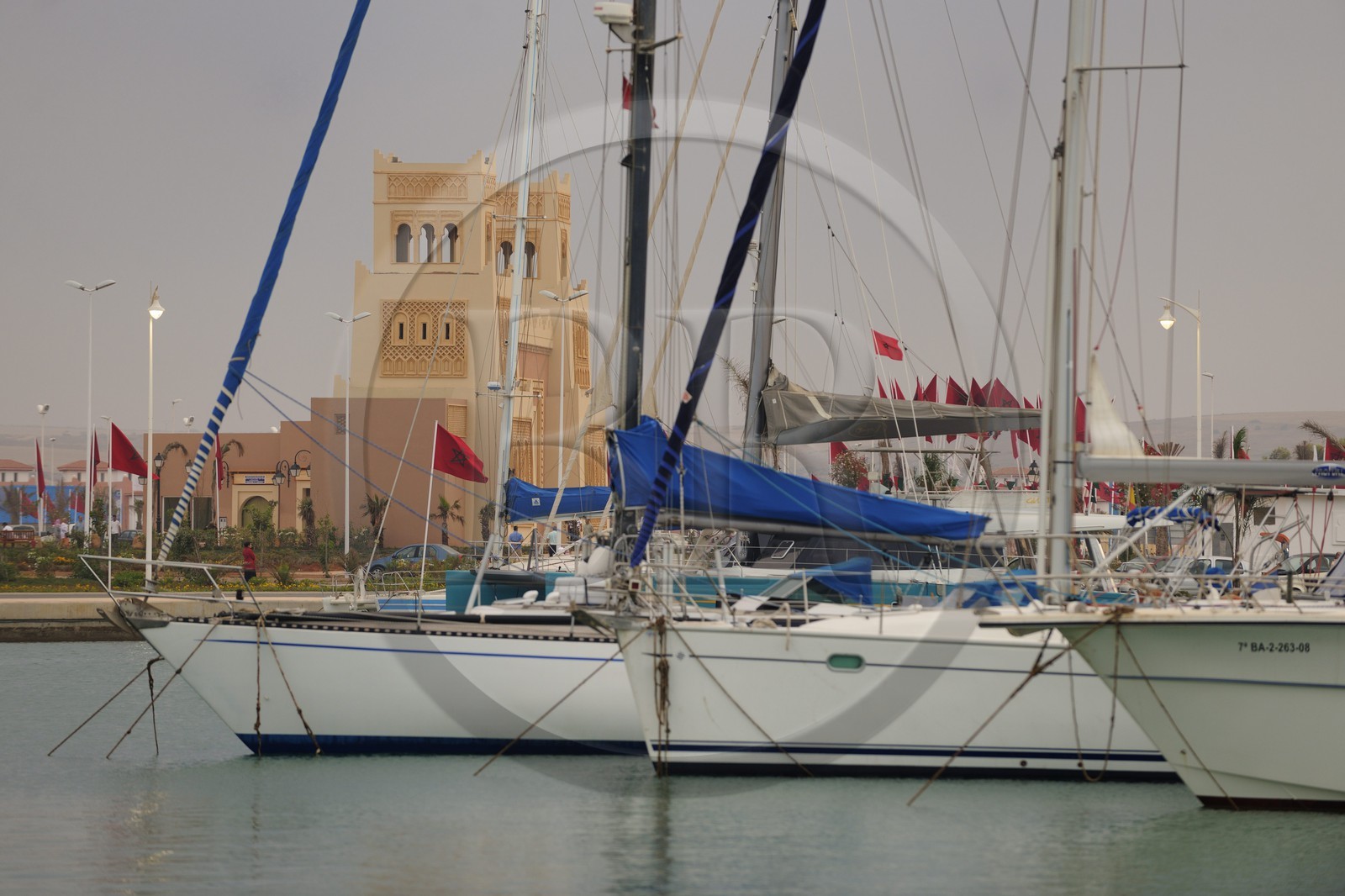 Morocco, Oriental Region, Mediterrania Saidia Seaside Resort, the port and the gate of the Medina Saidia Shopping arcade built as a traditional medina