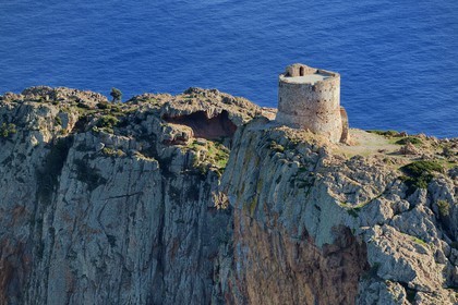 France, Corse du Sud, Golfe de Porto, listed as World Heritage by UNESCO, the Capo Rosso and the Genovese Tower of Turghiu (Turghio) in the background (aerial view)