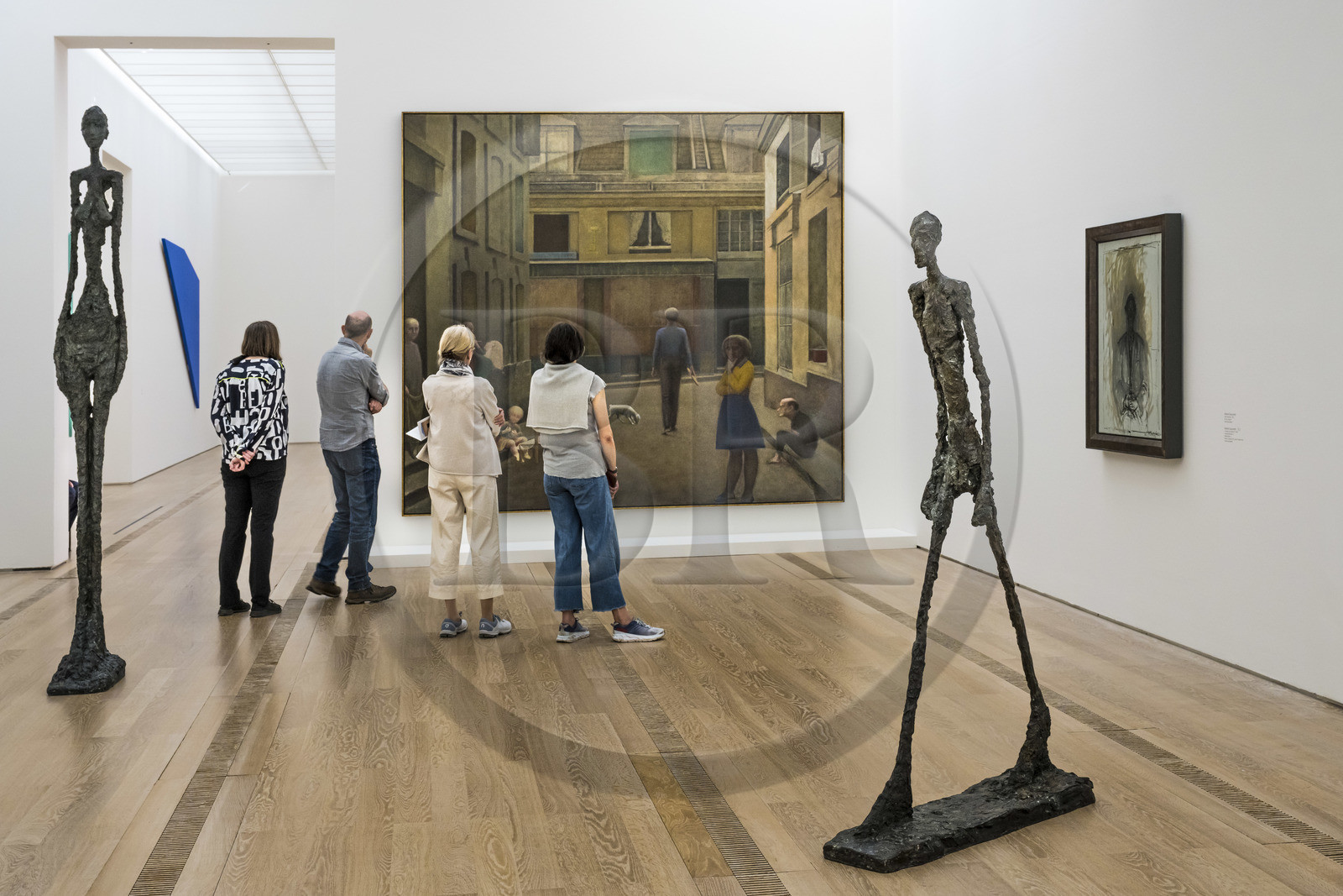 Switzerland, Basel, Riehen, Beyeler Foundation, Large Woman IV (1960) and The Walking Man (1960) by Alberto Giacometti, Passage du Commerce-Saint-André (1952-1954) by Balthus in the background