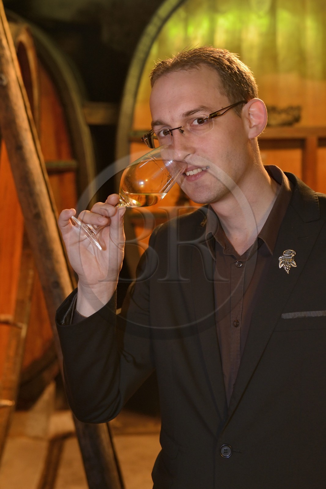 France, Bas-Rhin (67), Route des Vins d'Alsace, Mittelbergheim, labellisé Les Plus Beaux Villages de France, dans les caves du Domaine Wittmann, Romain Iltis, meilleur Sommelier de France en 2012
