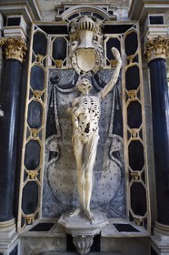 France, Meuse, Bar le Duc, the Skeleton (also called numb) statue (16th century) of the Rene de Chalon tomb by sculptor Ligier Richier in Saint Etienne Church