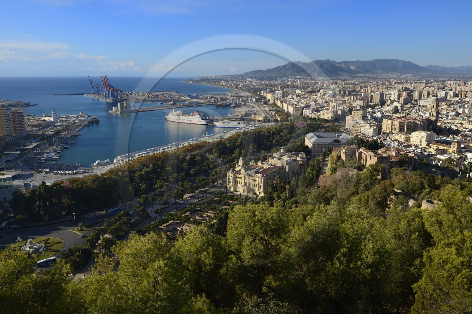 Spain, Andalusia, Malaga, general view over the harbor, the city hall, the Alcazaba and the cathedral from the Castillo de Gibralfaro