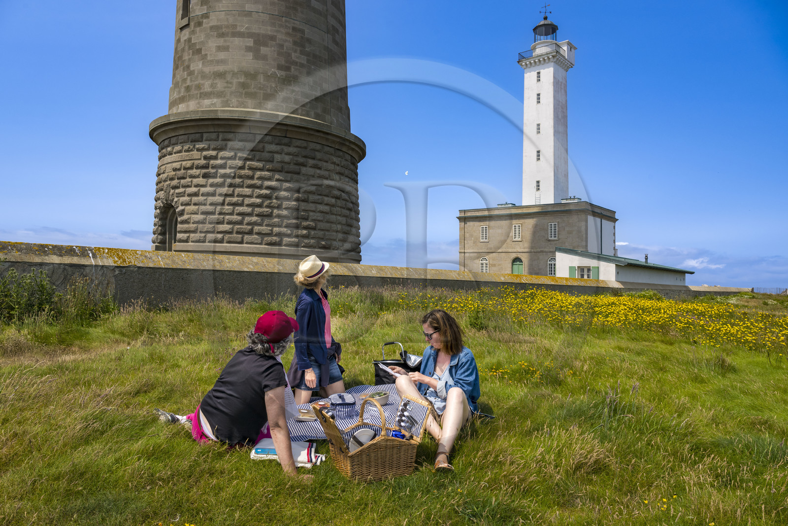 France, Finistère (29), Pays des Abers, Ile Vierge dans l'archipel de Lilia, picnic au pied du phare de l'Ile Vierge, l’ancien phare de 1845 en arrière plan