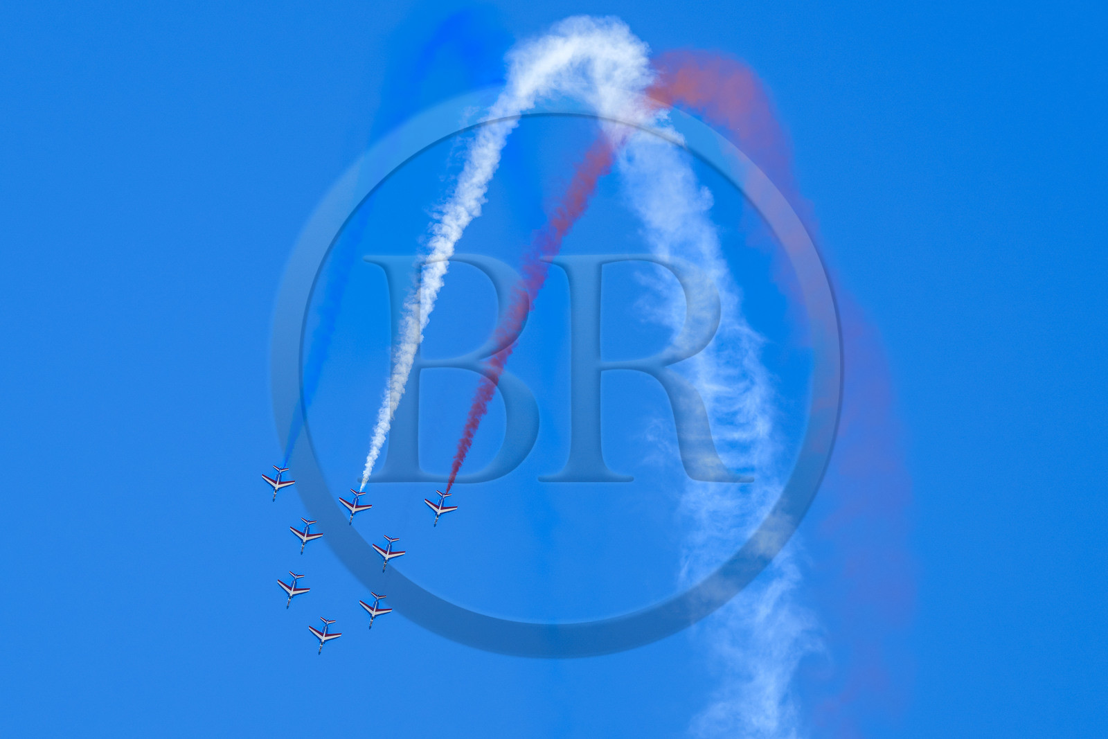 France, Bouches du Rhone, Salon de Provence, air base 701, base of the Patrouille de France (PAF for Patrouille acrobatique de France) of the French Air and Space Force, Alphajet aircraft fly in Alpha formation performing a loop