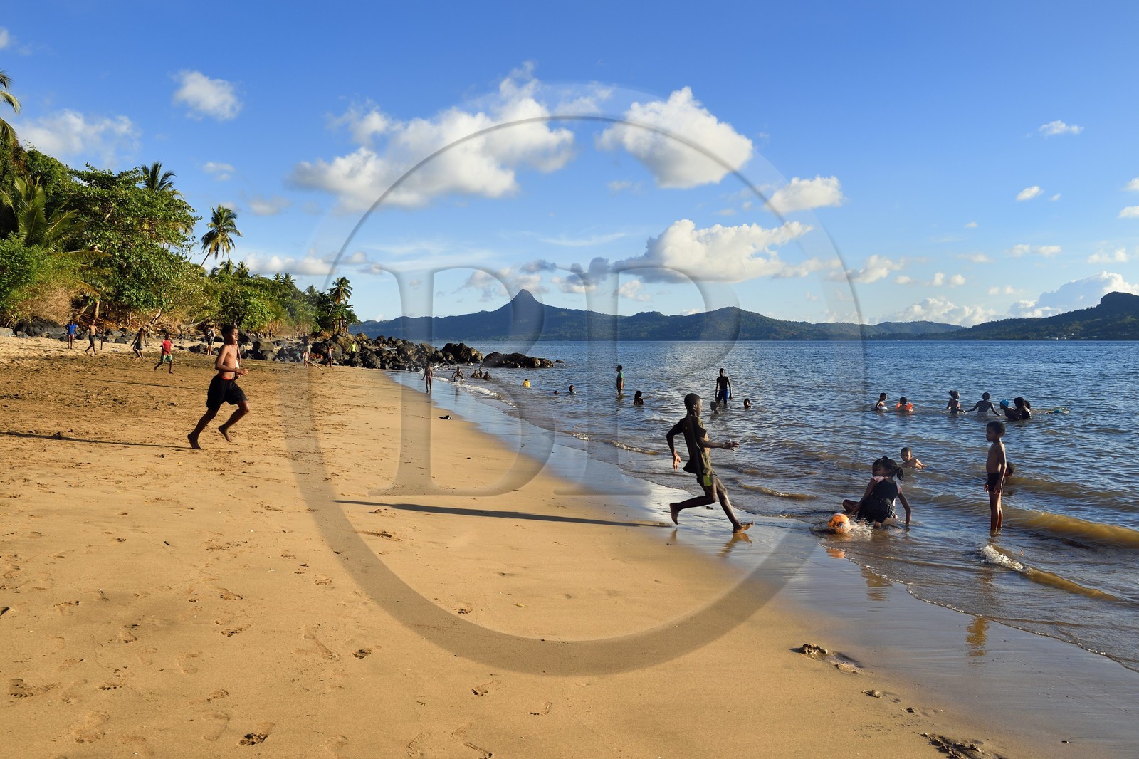 France, Mayotte island (French overseas department), Grande-Terre, Sada, kids playing football on Tahiti beach (Mtsagnougni) in the Bay of Boueni