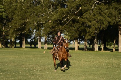 Argentine, province de Buenos Aires, San Antonio de Areco, estancia La Bamba de Areco, gaucho faisant une démonstration de l'usage des bolas (ou boleadoras) destinées à capturer les animaux en entravant leurs pattes