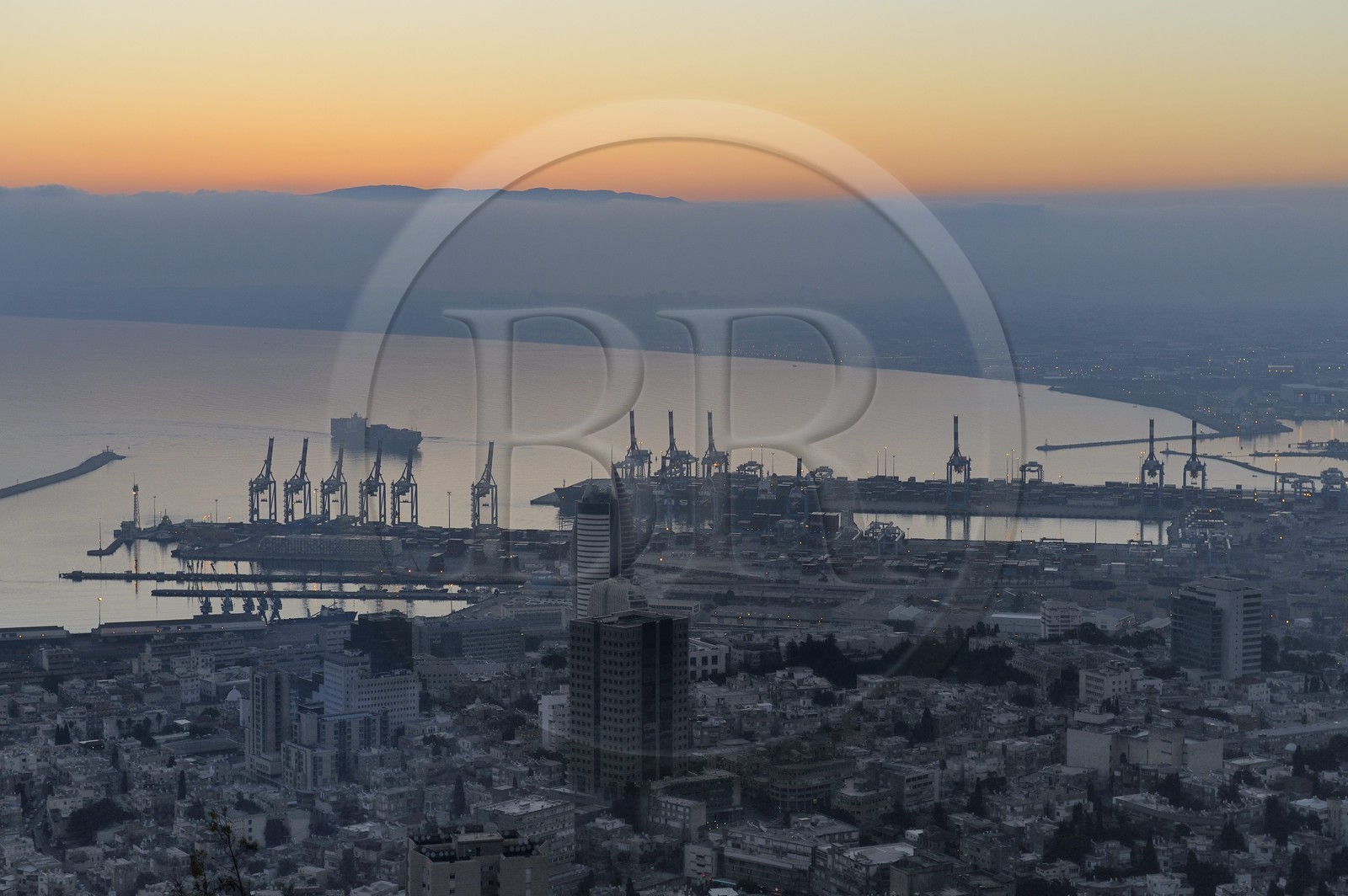Israel, Haifa, downtown and the port seen from Mount Carmel