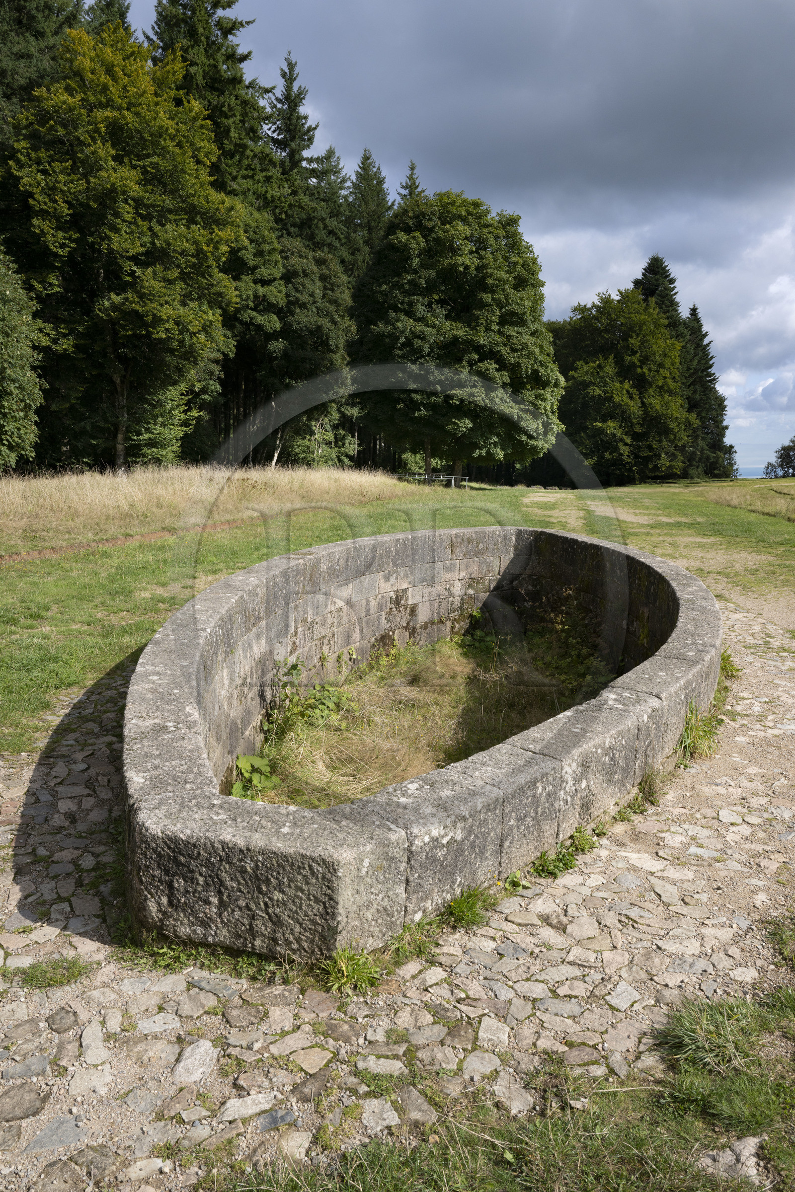 France, Saône-et-Loire (71), parc naturel régional du Morvan, Saint-Léger-sous-Beuvray, oppidum de Bibracte, capitale du peuple celte des Éduens, site archéologique sur le mont Beuvray, bassin en forme de coque de navire bati en granite et daté du 1er siècle avant notre ère