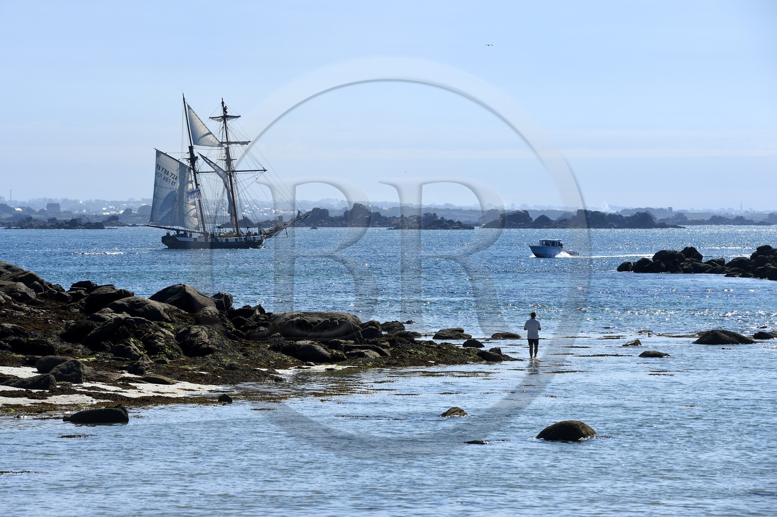 France, Finistere, Ile de Batz, the Recouvrance, replica of a gaff rigged schooner