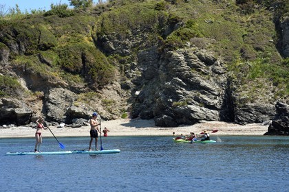 France, Var (83), Six-Fours-les-Plages, Ile des Embiez, pointe Saint-Pierre, le champion de windsurf Freestyle Adrien Bosson en randonnée aquatique sur un paddle