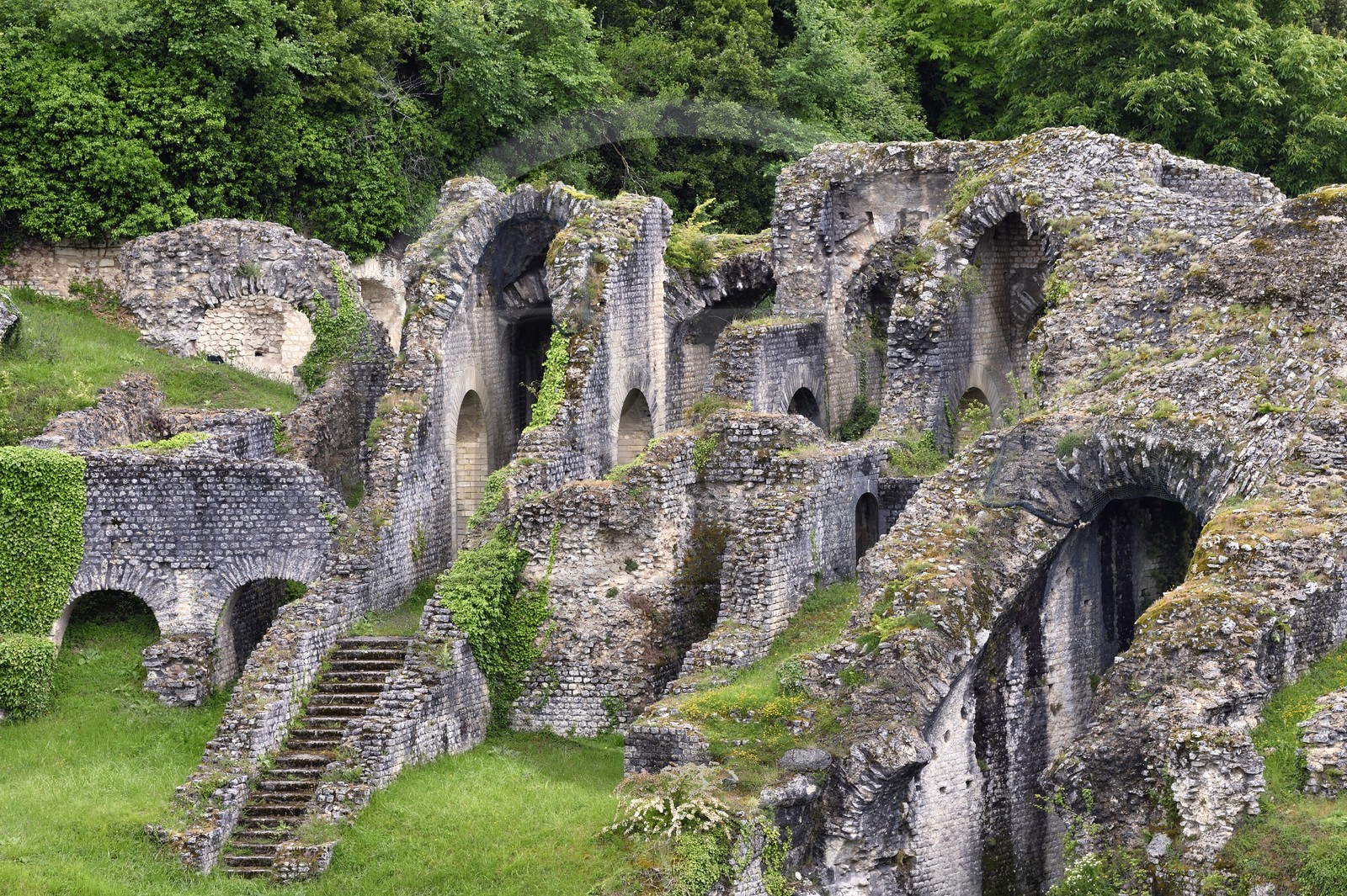 France, Charente-Maritime (17),  Saintonge, Saintes, amphithéâtre gallo-romain appelé localement les Arènes de Saintes, sa construction commence sous le règne de Tibère et s'achève sous le règne de Claude, vers 40 après JC, 127 mètres de long sur 102 de large, il pouvait accueillir près de 15 000 spectateurs
