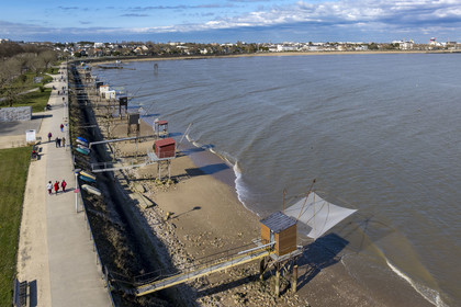 France, Loire Atlantique, Estuaire de la Loire, Saint Nazaire, traditional carrelet (fishing shack) along boulevard Albert 1er (aerial view)
