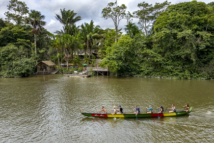 France, Guyane, Kourou, Camp Maripas, course de deux pirogues P12 (pirogue traditionnelle Guyanaise adaptée en résine) sur le fleuve Kourou (vue aérienne)