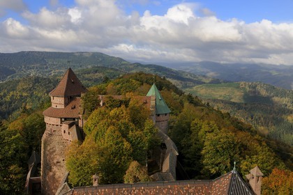 France, Bas Rhin, Orschwiller, Alsace Wine Road, Haut Koenigsbourg Castle, the great Bastion overlooking the forest around and the upper garden