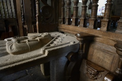 France, Finistere, Saint-Herbot, late Gothic Chapel of St. Herbot, the recumbent figure of St. Herbot