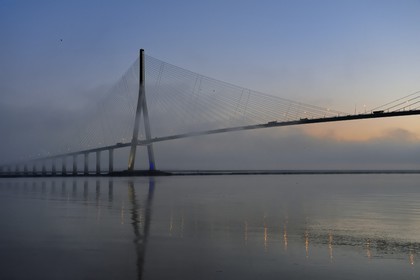 France, entre Calvados (14) et Seine-Maritime (76), le Pont de Normandie dans les brumes de l'aube, il enjambe la Seine pour relier les villes de Honfleur et du Havre