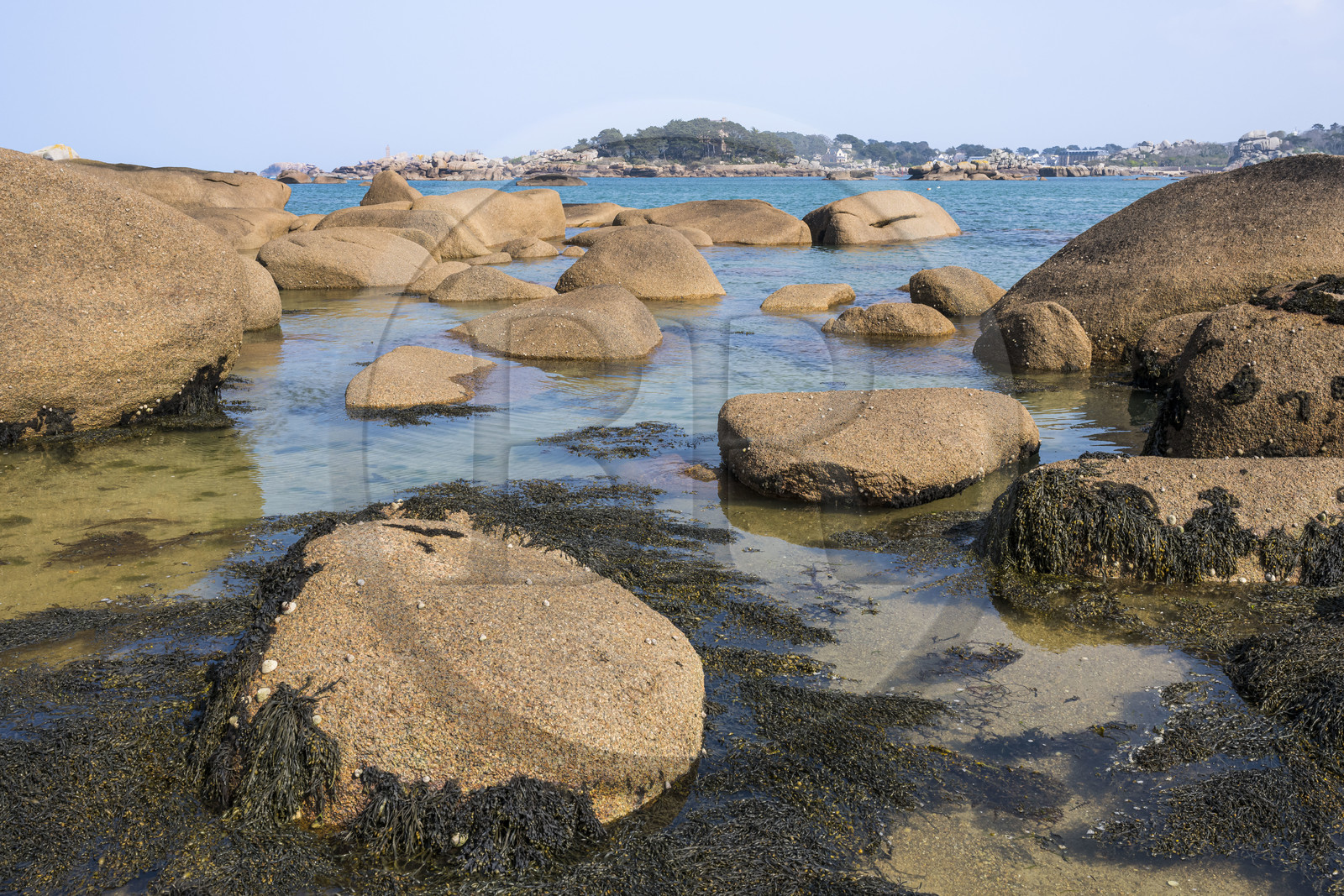 France, Côtes-d'Armor (22), Côte de Granit Rose, Trégastel, Ile Renote, le chaos granitique à marée montante