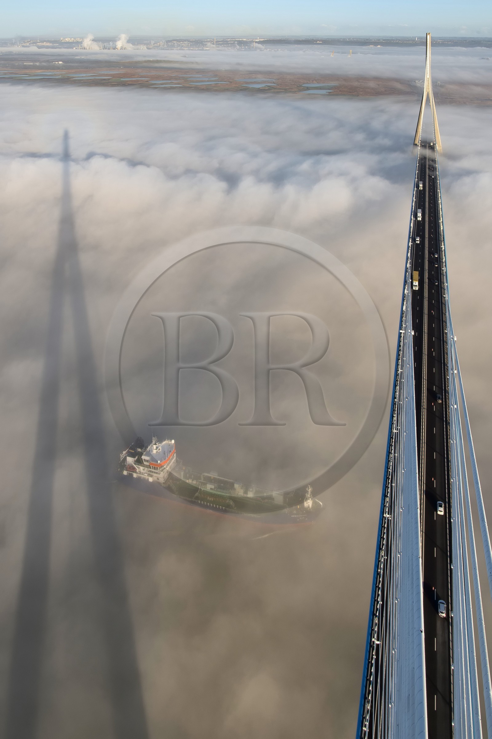 France, between  Calvados and Seine Maritime, cargo passing under the Pont de Normandie (Normandy Bridge) that emerges from the morning mist of autumn and spans the Seine, the Natural Reserve of the Seine estuary in the background, view from the top of the south pylon