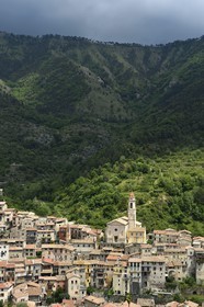 France, Alpes-Maritimes, the hilltop village of Lucéram dominated by the St Margaret Church