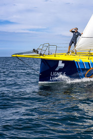 France, Vendée (85), Les-Sables-d'Olonne, le skipper Manuel Cousin en entrainement sur son voilier monocoque de 60 pieds IMOCA Coup de Pouce